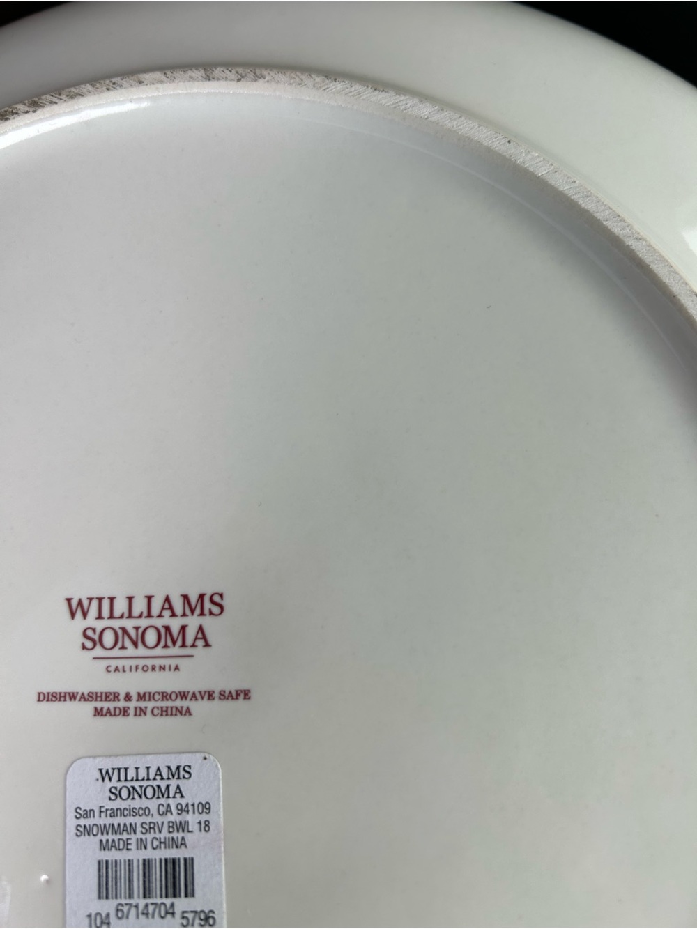 Williams Sonoma White Ceramic Snowman Serving Bowl (Backstamp) - Picture 2 of 2